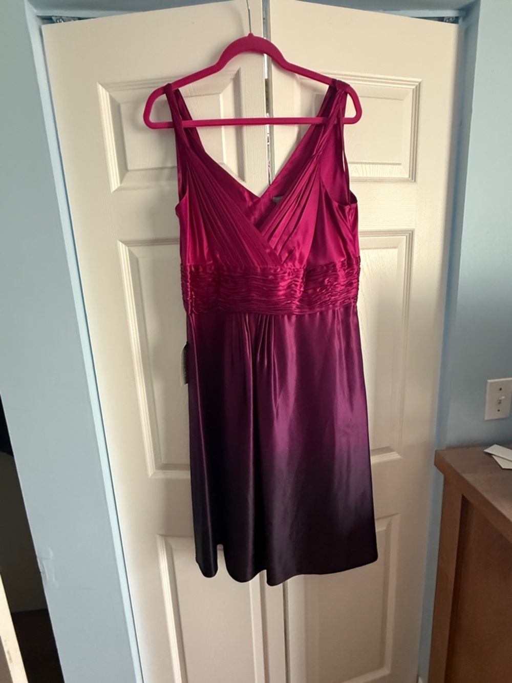 Ann Taylor Pink to Plum Ombre Satin V-Neck Dress